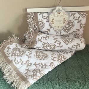 Shabby Chic Valentine Heart Throw Blanket Beige & Ivory Fringe NEW!